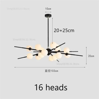 Modern black metal pendant light with 16 frosted glass globes decorbites led glass ball chandelier for living room