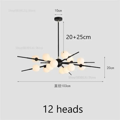 Modern black metal pendant light with twelve frosted glass globes decorbites led glass ball for living room and cafe