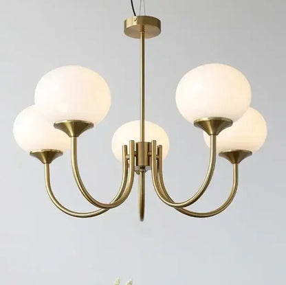 Brass-finished decorbites led glass chandelier with five frosted pink milky white glass balls for home decor