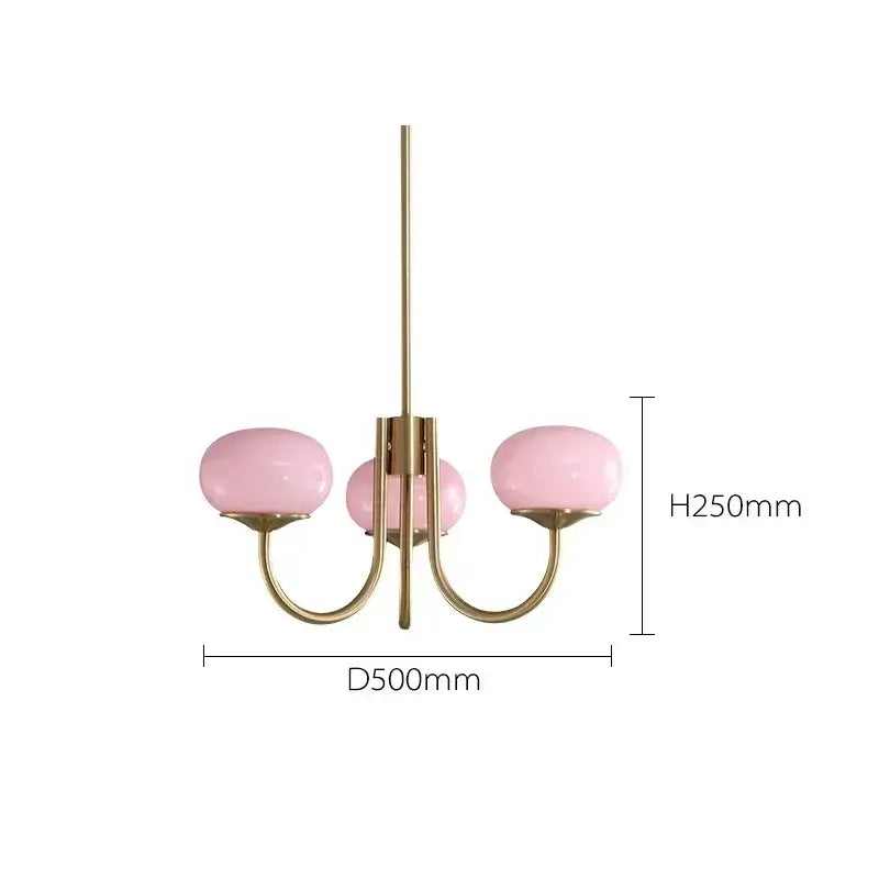 DecorBites led glass balls chandelier with three pink milky white glass globes and brushed brass finish for home decor