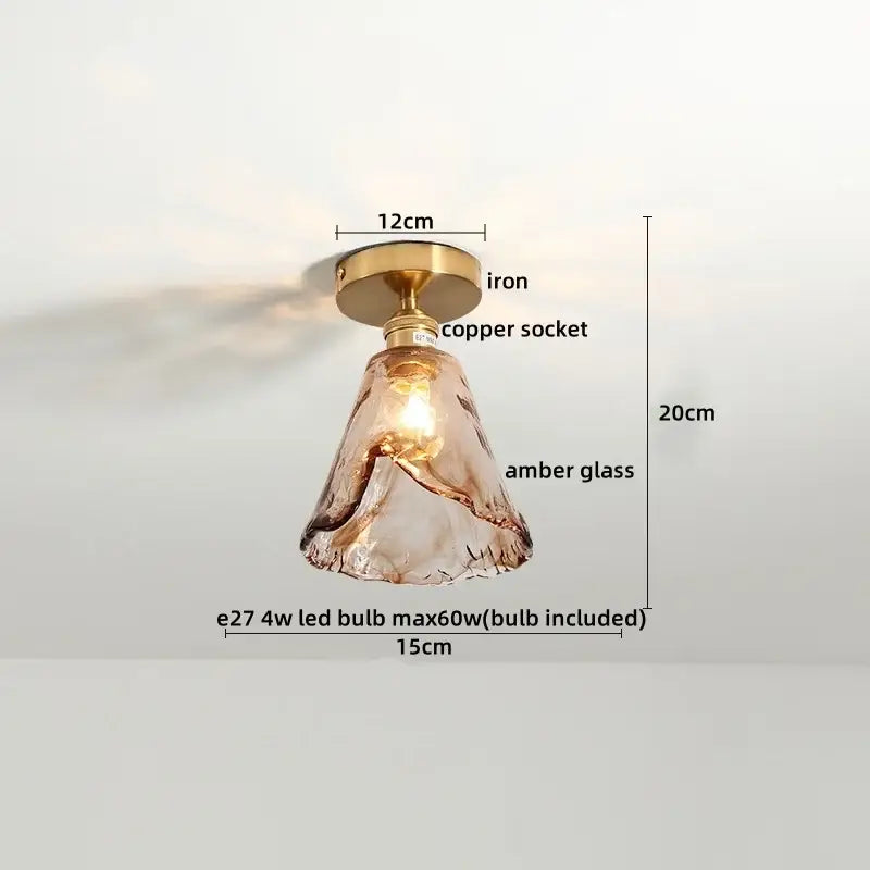 DecorBites™ amber glass ceiling lamp with brass iron base and copper socket for modern or rustic indoor lighting