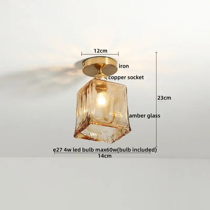 DecorBites™ modern ceiling lamp with square amber textured glass shade and brass-finished iron base for indoor use