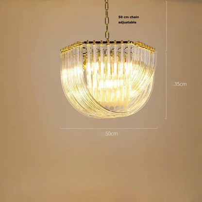 A decorbites led glass chandelier with golden frame cascading clear glass rods and adjustable chain for foyer use