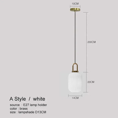 A modern white ribbed glass pendant lamp with brass fixture and chain in decorbites led glass chandelier design