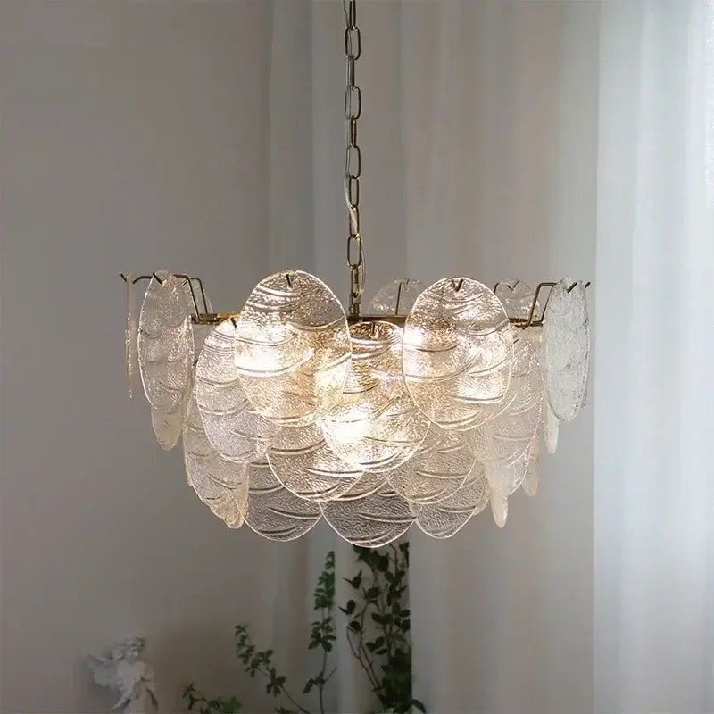 DecorBites LED glass chandelier with a delicate translucent glass design and golden metal frame for modern lighting
