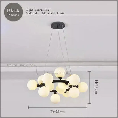 Black metal and glass decorbites led glass chandelier with 15 frosted lampshades pendant lamp for living room lighting
