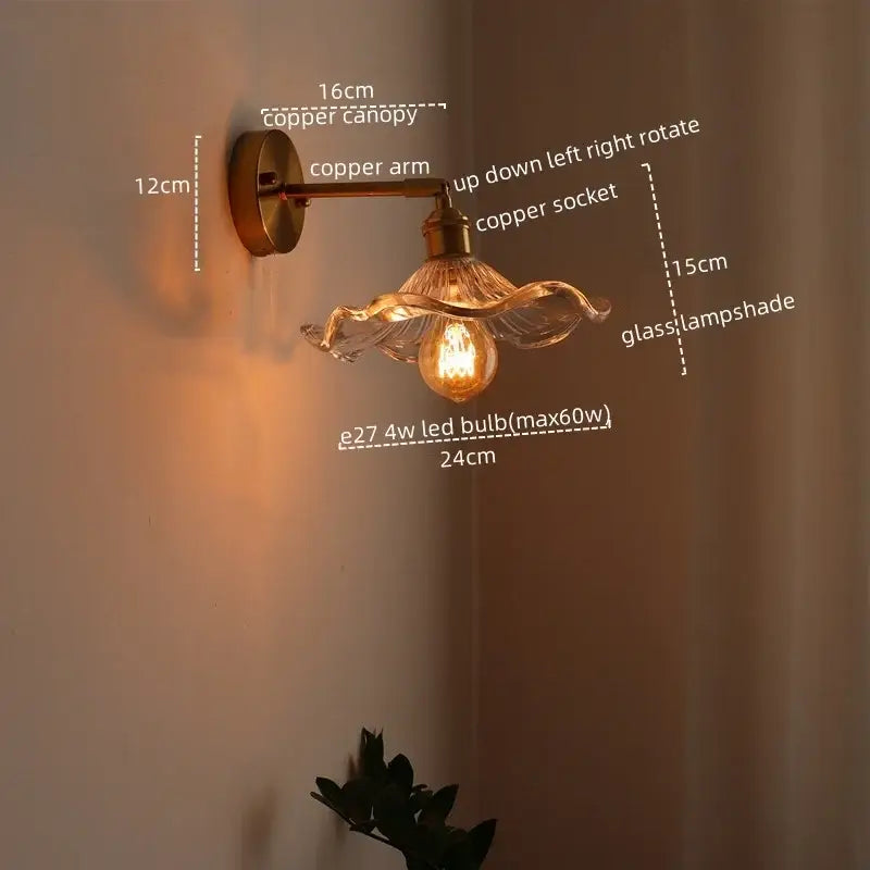 Decorbites™ copper wall sconce with clear glass petal-shaped shade and pull chain switch for bedroom and living room use