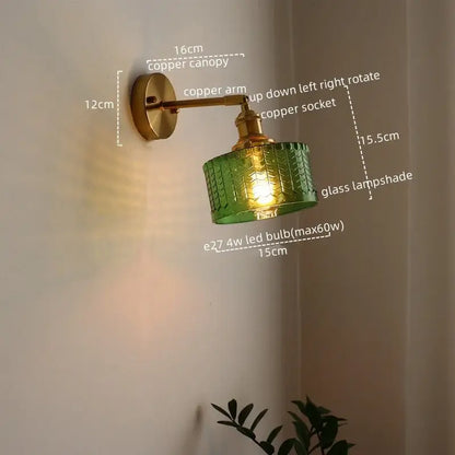 DecorBites™ green textured glass wall sconce with brass copper arm and pull chain switch for bedroom and living room