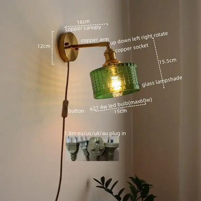 Green textured glass lampshade wall sconce with brass copper arm and pull chain switch for bedroom and living room
