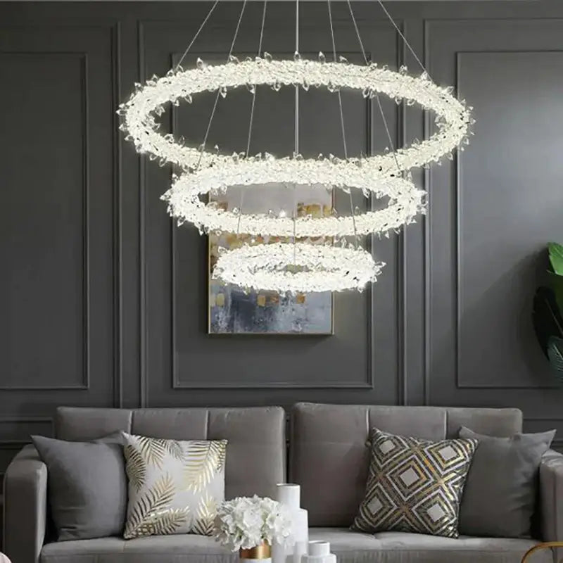 Decorbites led glass crystal chandelier with cascading glass crystals and sleek metallic frame in white lustre finish