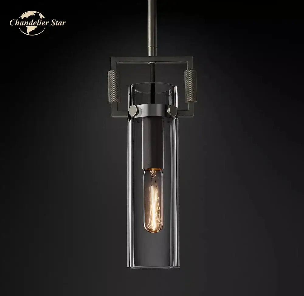 Industrial-style decorbites led glass pendant lights with dark matte metal frame and clear glass cylinder for kitchen islands