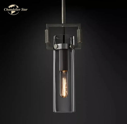 Industrial-style decorbites led glass pendant lights with dark matte metal frame and clear glass cylinder for kitchen islands