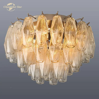 Brass-finished DecorBites LED glass flushmount ceiling lamp with faceted amber glass shades in a cascading cluster