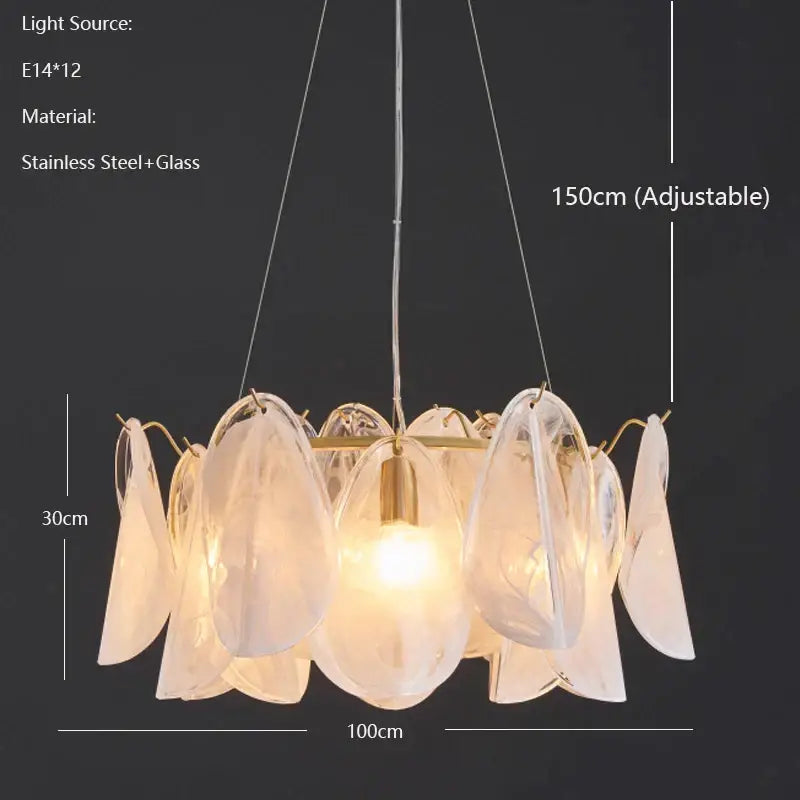 A modern decorbites led glass pendant light with golden leaf shaped translucent glass shades and a metal frame