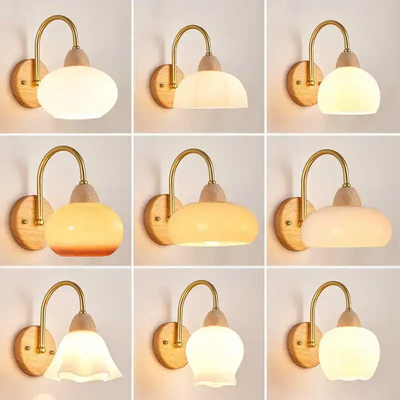 DecorBites™ warm-toned oval glass wall light fixture with brass arms and wooden backplates for modern Nordic decor