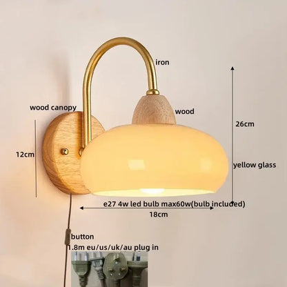 Decorbites™ warm yellow glass led wall light fixture with curved brass iron arm and wooden canopy modern nordic design