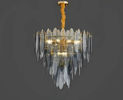 Decorbites led glass metal leaf chandelier with cascading blue glass leaves and gold-toned frame for luxury home decor