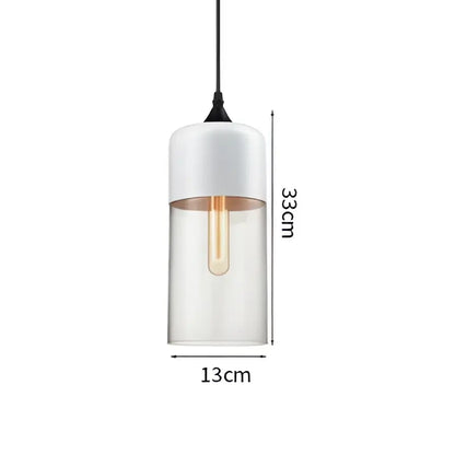 A sleek white cylindrical decorbites led glass pendant lamp with clear glass and exposed filament bulb for modern decor