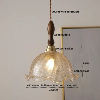 Decorbites led glass pendant light chandelier in warm amber with textured finish and wooden handle for modern living room