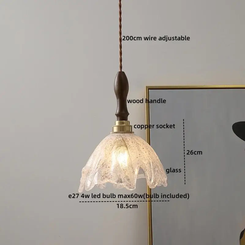 DecorBites™ led glass pendant light with translucent textured petals and dark wood handle for modern dining rooms