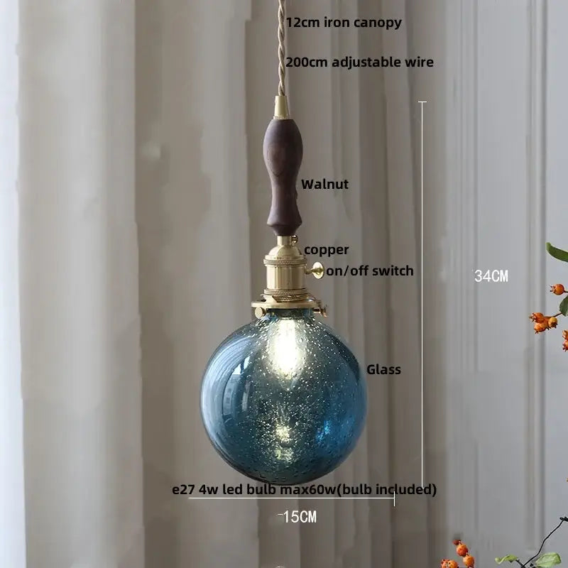 DecorBites™ blue textured glass pendant light fixture with walnut iron canopy and brass switch for kitchen or study