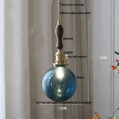 DecorBites™ blue textured glass pendant light fixture with walnut iron canopy and brass switch for kitchen or study