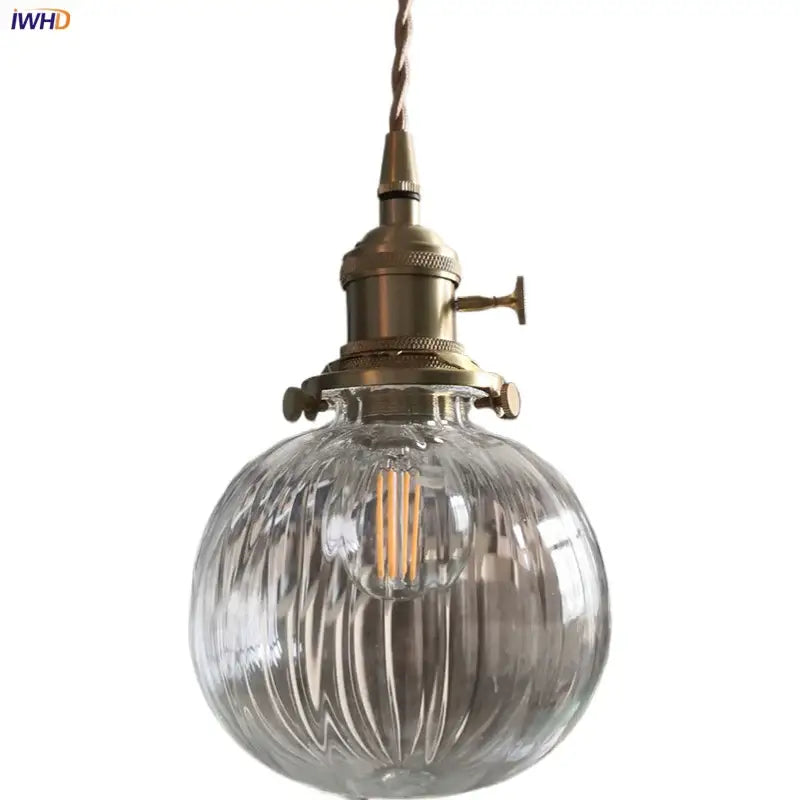 Decorbites™ clear ribbed glass globe pendant light fixture with brass finish and exposed edison bulb for kitchen study