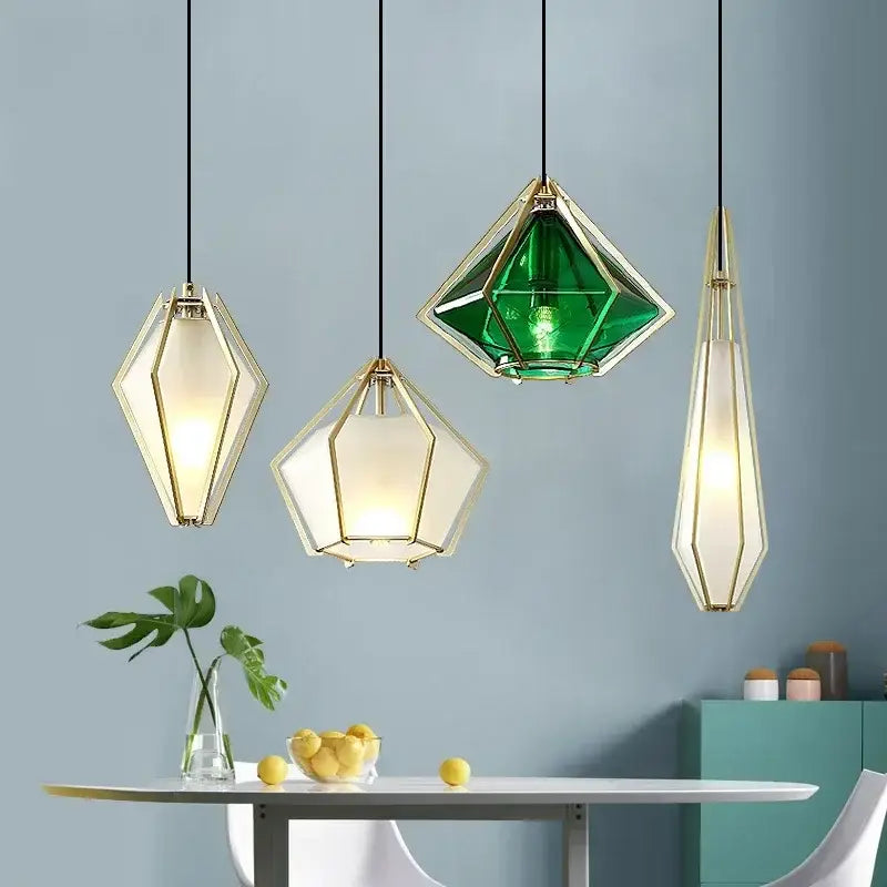 Geometric decorbites led glass pendant light with gold metal frames and white green clear faceted glass shades for home cafe bar