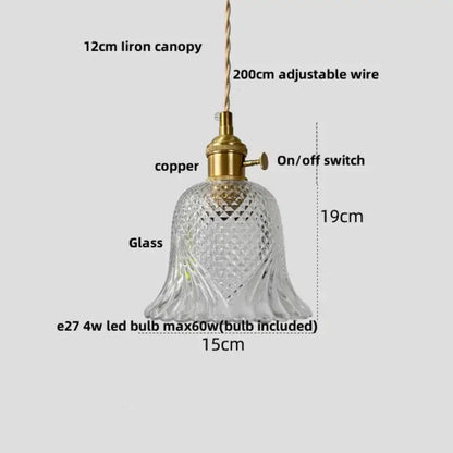 Decorbites led glass pendant light with clear intricately cut bell-shaped glass and brass copper fixture hanging lamp