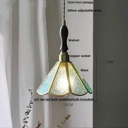 Vintage-style decorbites led glass pendant light with walnut iron canopy copper socket and blue-green textured shade