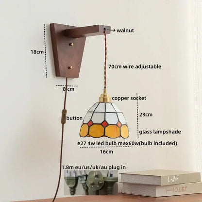 DecorBites led glass sconce wall lamp with walnut bracket copper socket and stained glass shade in yellow and red geometric design