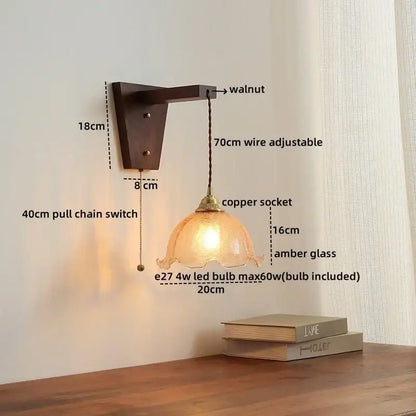 Warm amber glass decorbites led glass sconce wall lamp with walnut bracket and copper socket for Nordic stair lighting