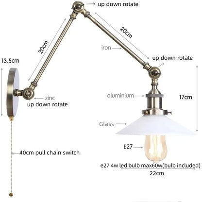 Industrial-style decorbites led glass swing wall lamp with zinc aluminum arm white glass shade and e27 led bulb