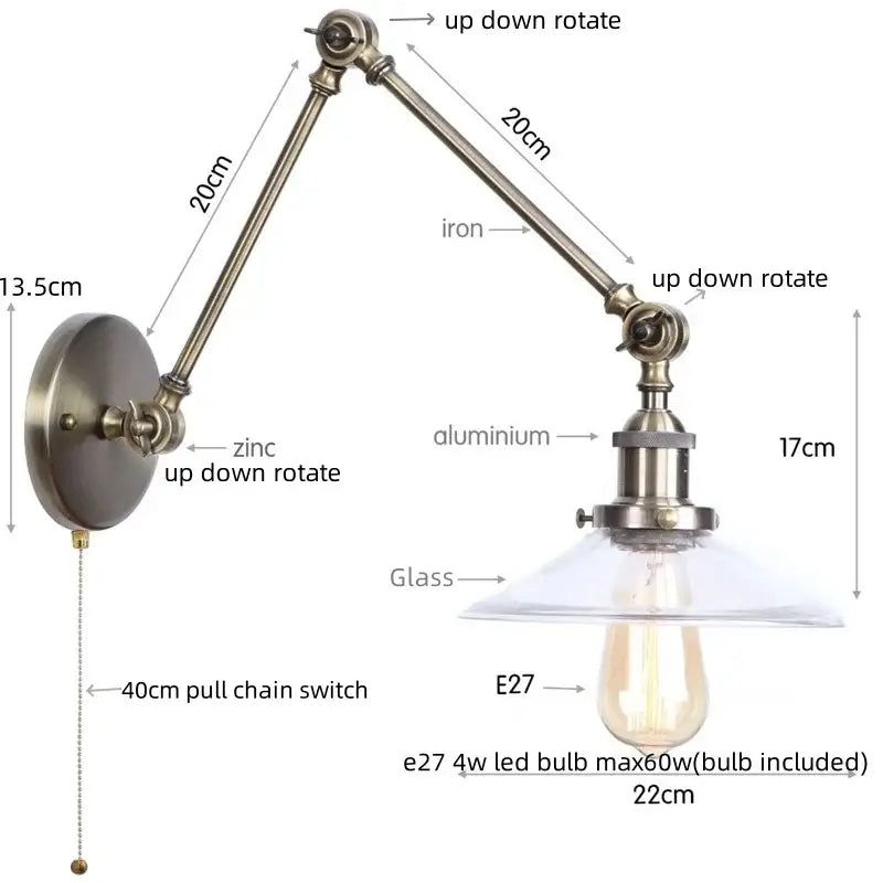 Adjustable vintage-style wall lamp with brass-finished iron and aluminum arm and clear glass shade by DecorBites LED glass swing