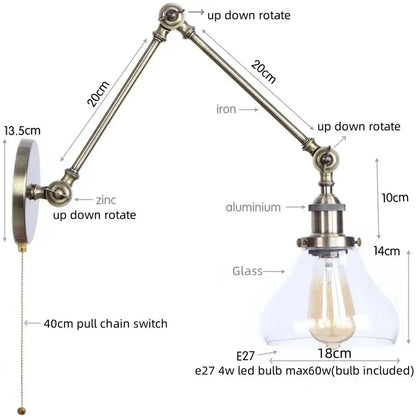 Adjustable vintage-style decorbites led glass swing wall lamps with brass iron arm and clear glass shade for bedroom and stairway