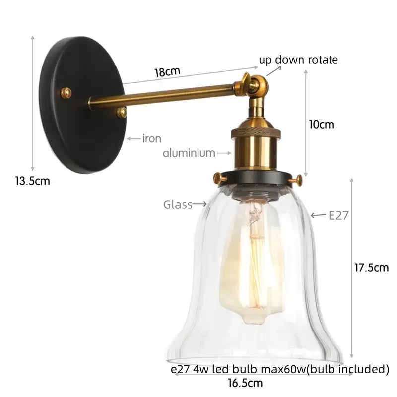 Industrial style decorbites led glass wall lamp with black iron backplate brass arm and clear glass shade for home decor