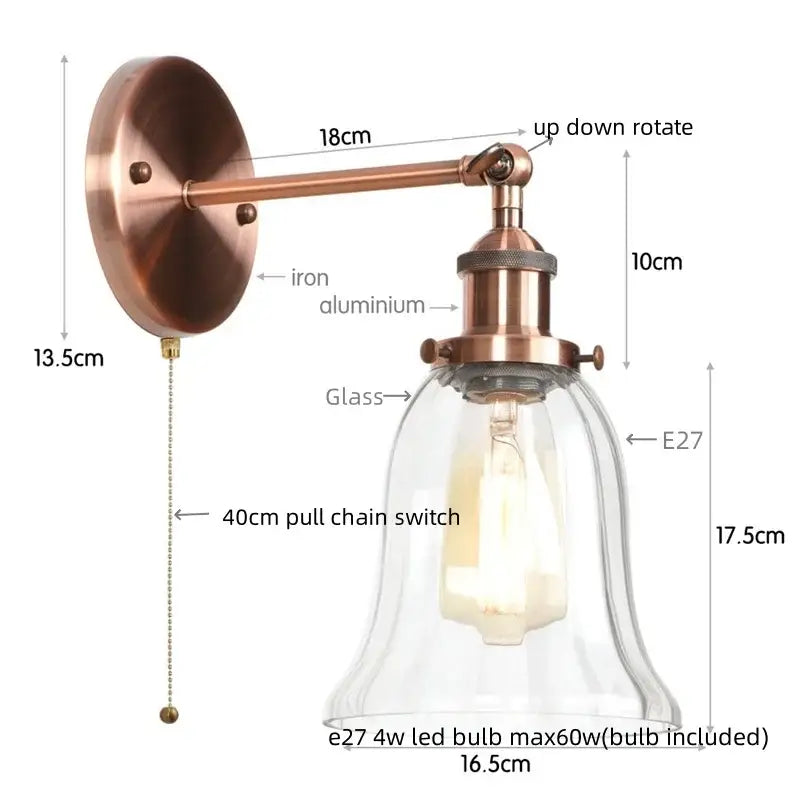 Copper-finished DecorBites LED glass wall lamp with clear glass bell shade and E27 LED bulb for industrial home decor