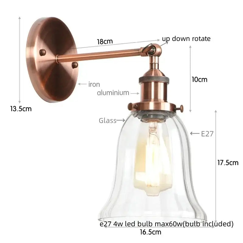 Copper-finished decorbites led glass wall lamp with clear glass bell shade and e27 led bulb for industrial stair lighting
