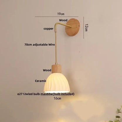 DecorBites led glass wall lamp with warm-toned ribbed ceramic shade and adjustable copper arm for luxury bedroom decor