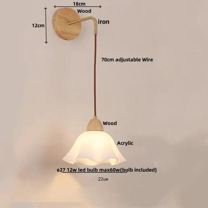 DecorBites led glass wall lamp with warm wooden base and curved iron arm for luxury modern bedroom decor