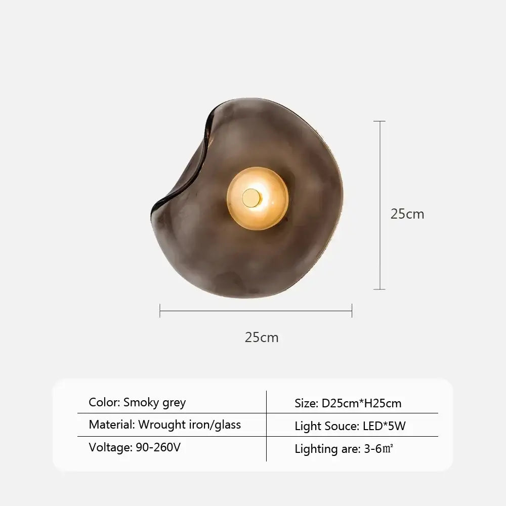 Smoky grey wrought iron and glass wall lamp with a central golden LED bulb by DecorBites™ LED Glass Wall Lamp