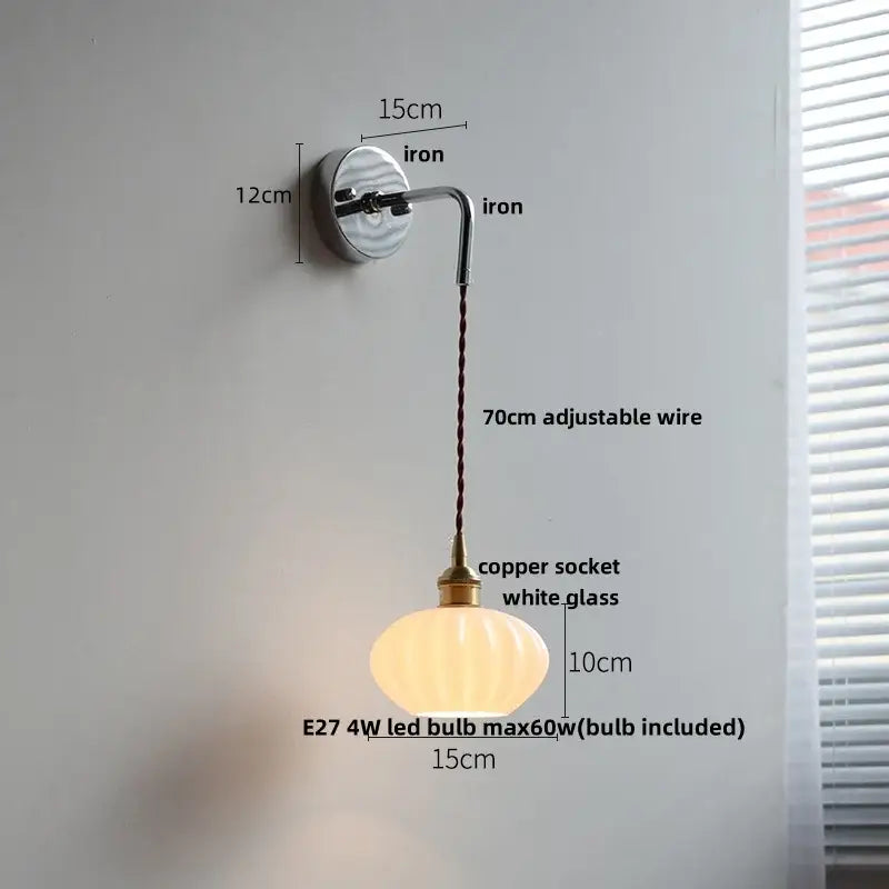 DecorBites led glass wall light with polished iron bracket adjustable copper cord and white glass lampshade for bedroom