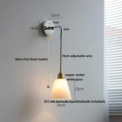 DecorBites led glass wall light with adjustable copper wire, polished iron bracket, and white glass shade for bedroom use
