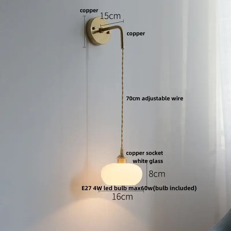 Copper wall light with white glass globe and adjustable wire from DecorBites LED glass wall light fixture collection