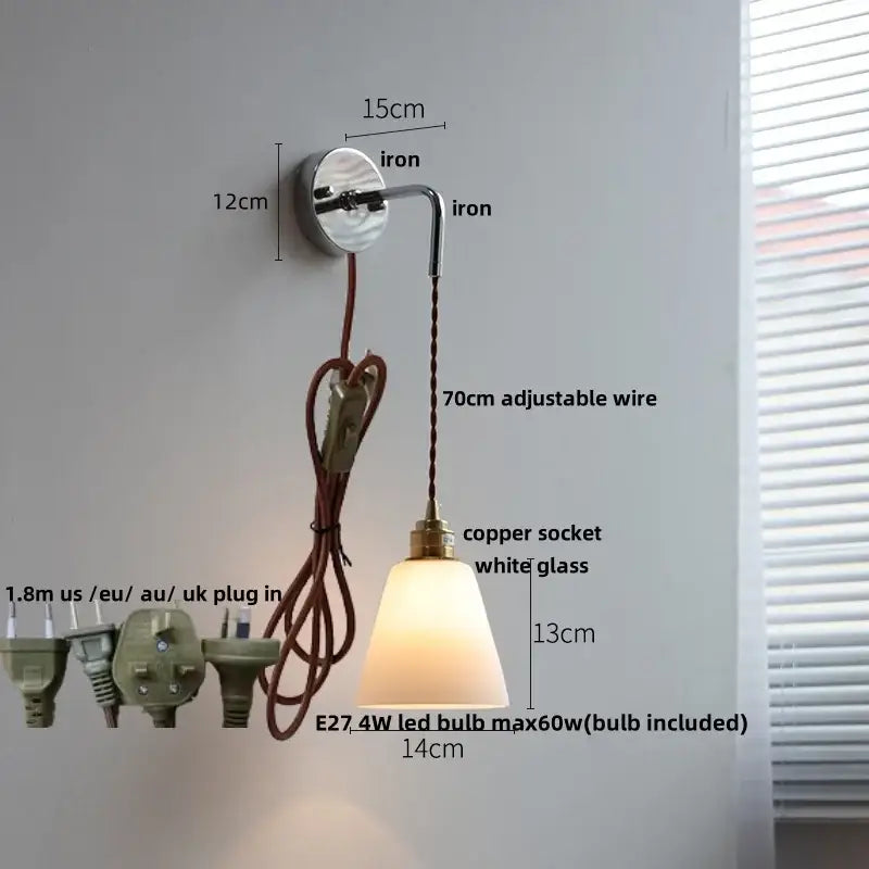 A sleek decorbites led glass wall light with polished iron bracket and adjustable copper wire for modern bedroom use