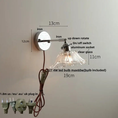 Decorbites led glass wall light fixture with polished iron base and clear glass shade for modern bedside lighting