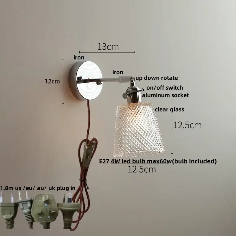 Decorbites led glass wall light with polished iron base and diamond-cut clear glass shade for modern bedside use