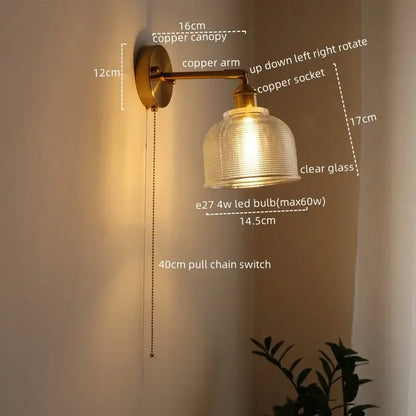 Copper decorbites led glass wall light with clear textured glass shade and e27 4w led bulb for bedroom and living room