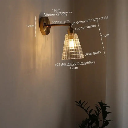 Copper-finished decorbites led glass wall light with clear grid-patterned glass shade for bedroom and living room decor