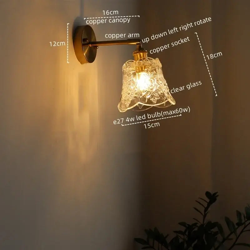 Copper decorbites led glass wall light with clear floral etched glass shade for bedroom living room bar balcony decor